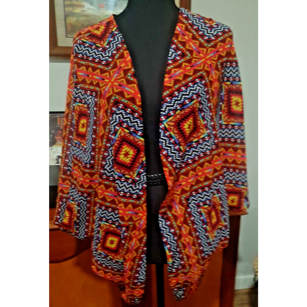 Arizona Jean Co Orange Blue Yellow 3/4 Sleeve Dimond Geometric Kimono Sz M